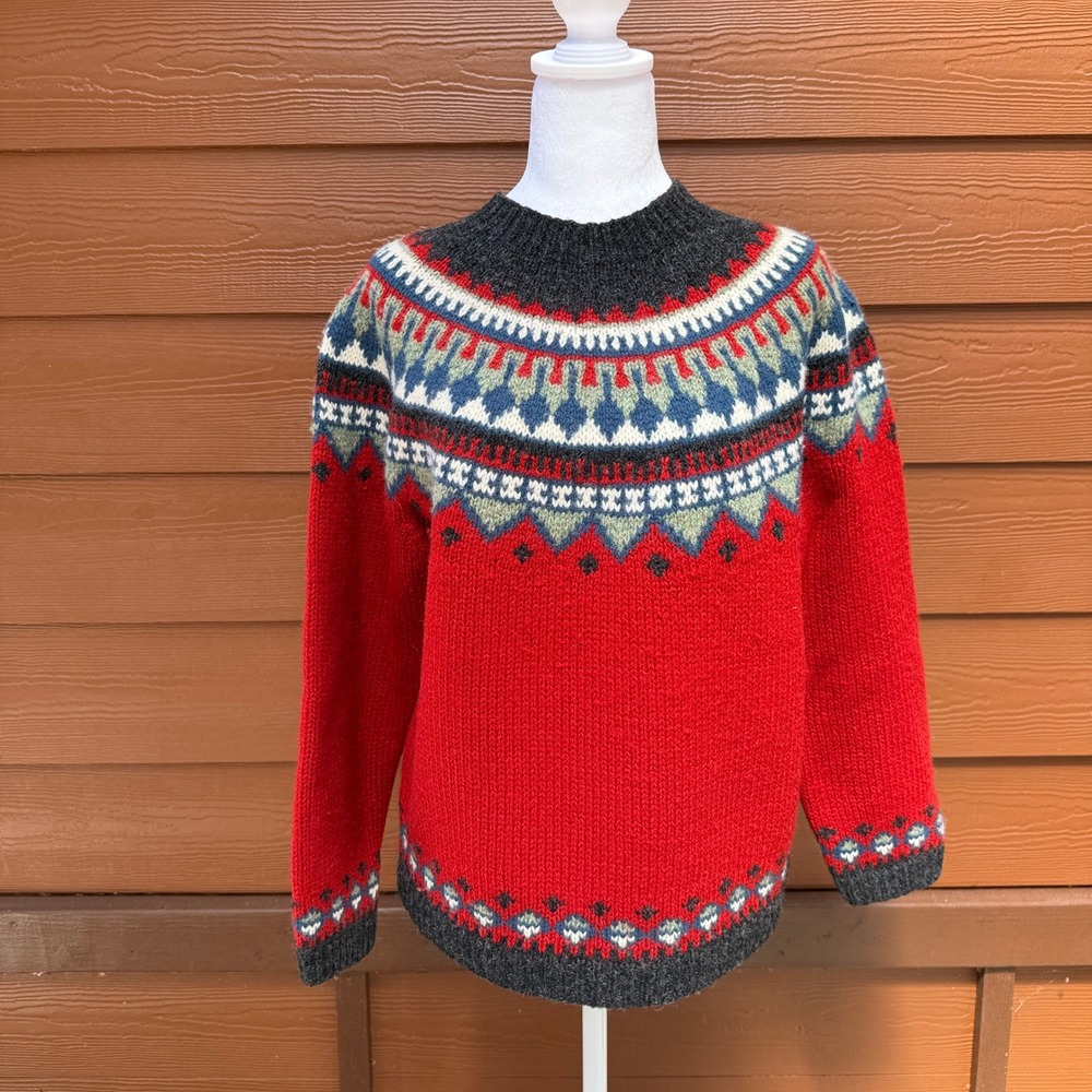 Eddie Bauer Fair Isle Wool Sweater Womens S Red Nordic Crew Neck Heavy Knit